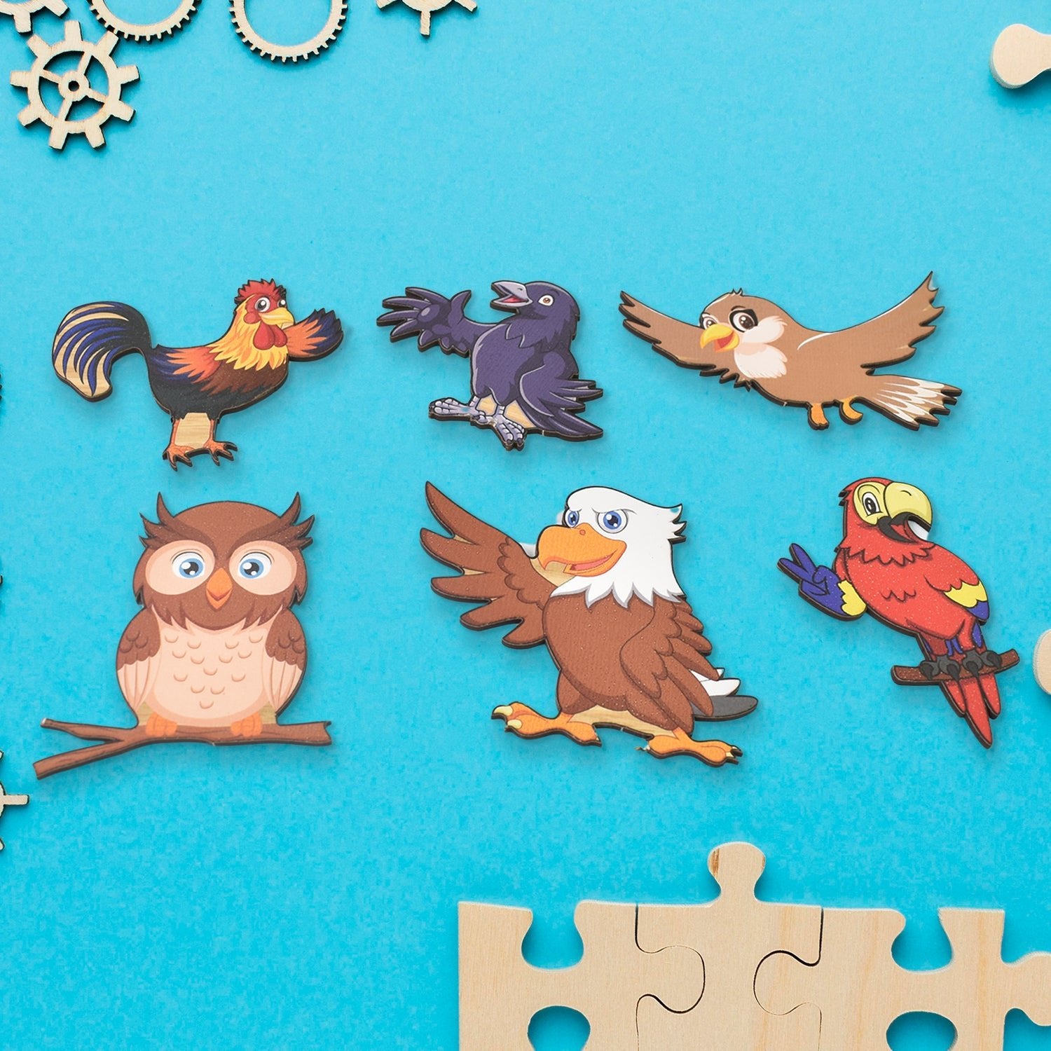 Wukusy wooden bird puzzle for kids featuring colorful bird-shaped pieces on a blue background