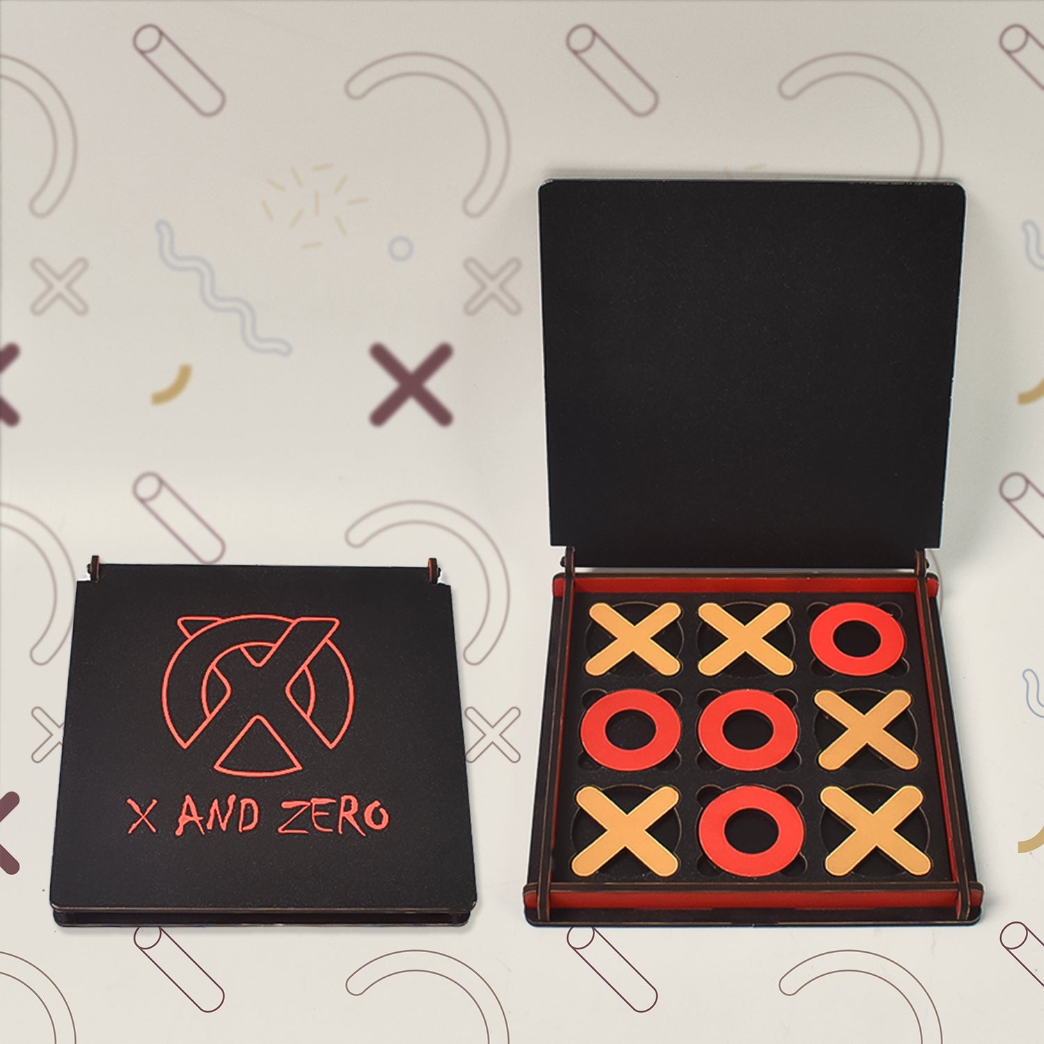 Wukusy wooden tic tac toe game with red and natural wood X and O pieces in black folding board