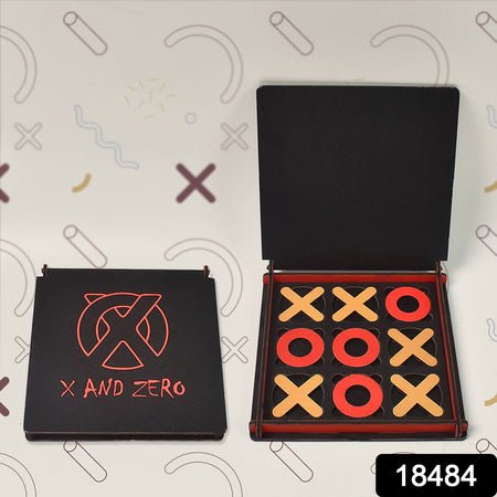 Wukusy wooden tic tac toe game with red and yellow X and O pieces in a black foldable board